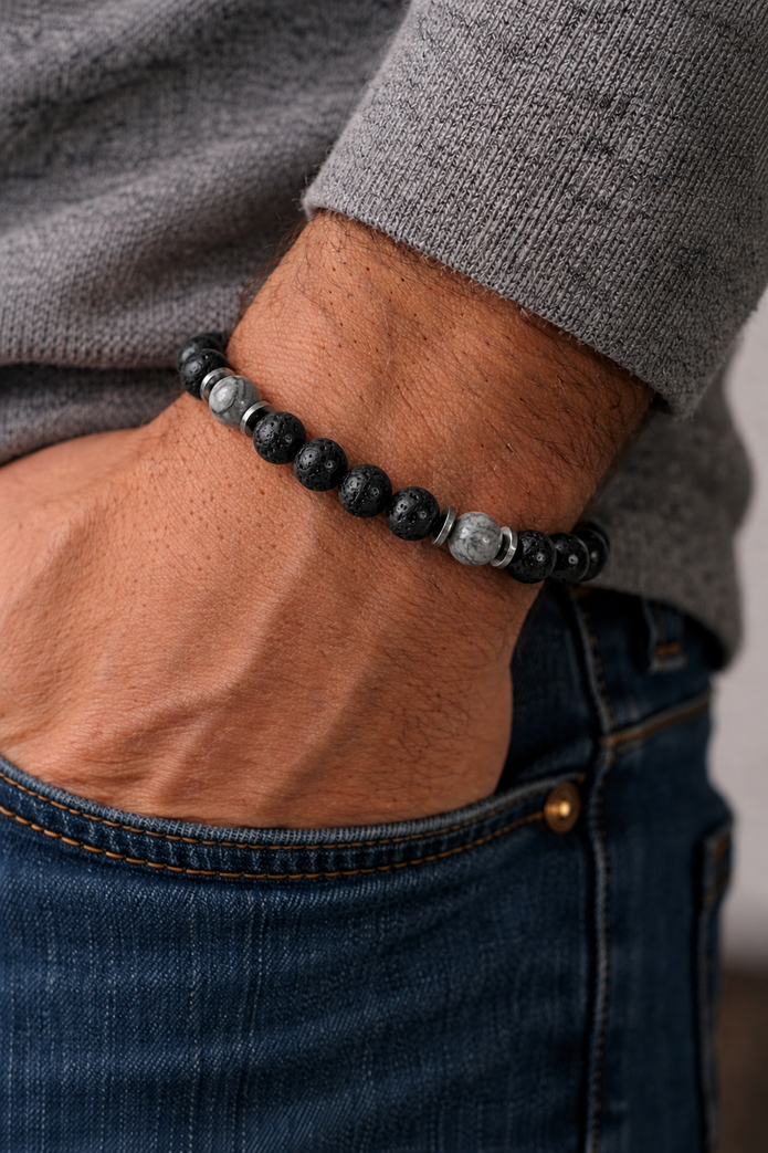 Grey Jasper & Lava Bracelet – Yang