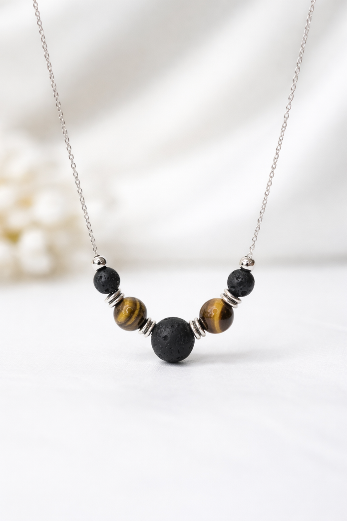 Tiger Eye Lava Necklace – Strength
