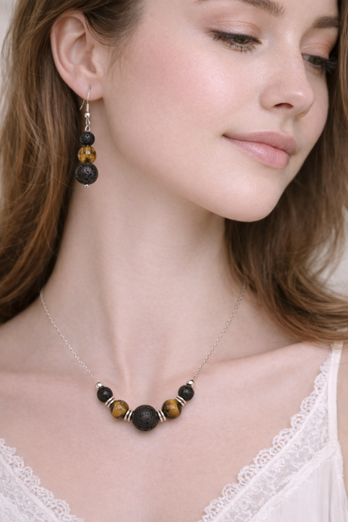 Tiger Eye Lava Necklace – Strength